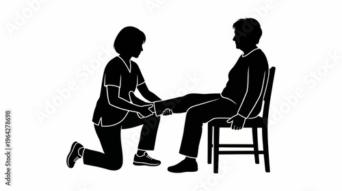 Caring physical therapist aiding an elderly patient with rehabilitative exercises and mobility support