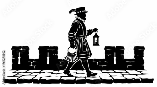 Historical night watchman illustration, a figure with lantern patrolling castle battlements, evoking ancient tales and vigilance
