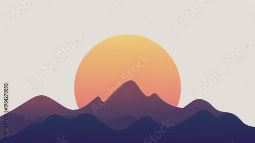 Minimalist sunset over layered mountains serene landscape vector illustration for nature backgrounds and travel concepts