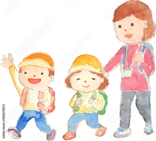 遠足に行く子どもと先生のイラスト