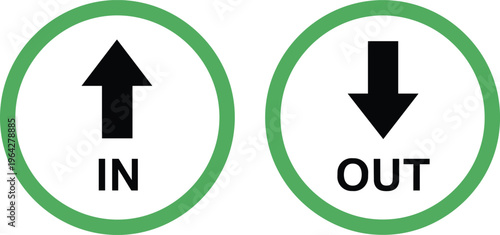 In and Out Direction Sign Set with Up and Down Arrows in Green Circular Design for Entry Exit Guidance and Public Navigation Systems