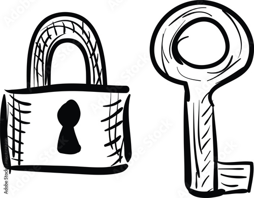 lock and key hand draw , Hand drawn heart shaped lock and key sketch on transparent background 
