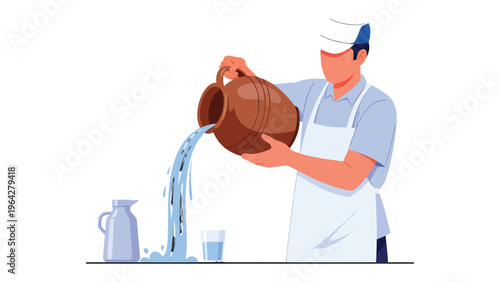 Pouring Water: Capturing a moment of pure refreshment, a person gracefully pours water from a ceramic jug into a glass, creating an inviting scene of hydration and well-being.