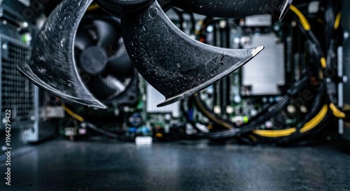 Computer Fan Blade with Internal Components and Circuit Board in Focus