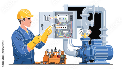 Electrician at Work: A skilled electrician diligently inspects a complex electrical panel, highlighting their expertise in maintaining industrial systems.