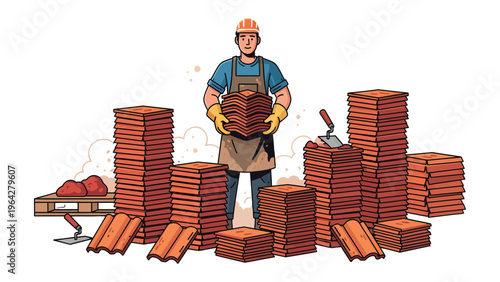 Building a Foundation: A skilled mason stands proudly amidst a collection of freshly laid bricks, symbolizing the art of construction and hard work.