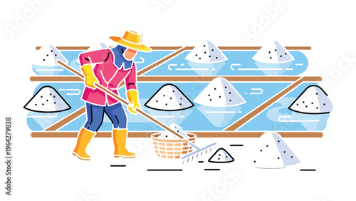Salt Harvester at Work: An illustration depicting a diligent salt harvester meticulously raking the salt, surrounded by neat rows of harvested salt piles, under the sun. 