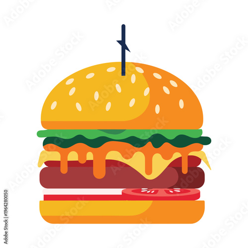 Stylized Flat Illustration of a Delicious Burger with Cheese and Pickles
