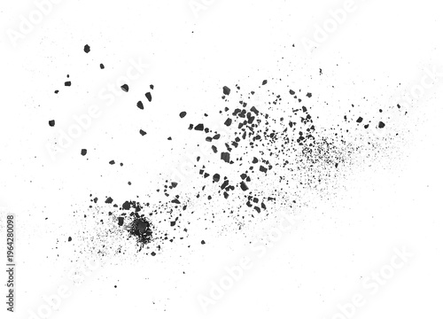 Charcoal particles or coal pieces isolated on a white background, top view. Black charcoal fragments.