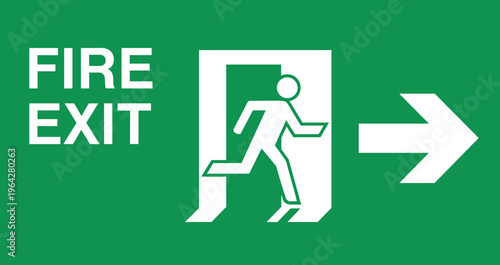 Fire Exit Sign with Running Man Outline and Right Arrow in Green Safety Design for Emergency Evacuation, Public Buildings, and Safety Signage