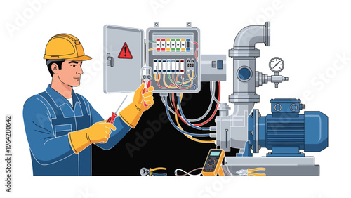 Electrician at Work: A skilled electrician, clad in a hard hat and protective gloves, meticulously inspects and maintains an electrical panel.