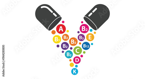 Vector illustration design of an opened capsule spilling colorful essential vitamins A, B, C, D, E, K, and others