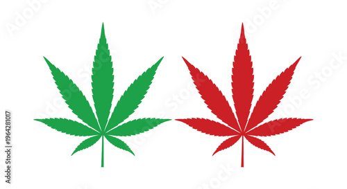 Vector graphic illustration of two stylized cannabis marijuana leaves one green and one vibrant red