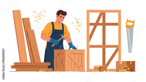 Artisan Crafting: A skilled artisan, engrossed in his craft, meticulously works on a wooden crate in his workshop, embodying the essence of hands-on skill and dedicated craftsmanship.