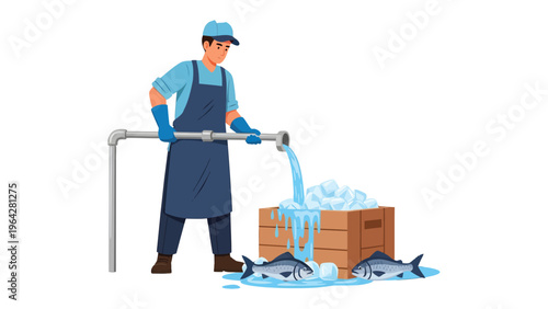 Seafood Preparation: A worker diligently washes and prepares a pile of fresh fish with a stream of water, showcasing precision and care in the seafood industry.