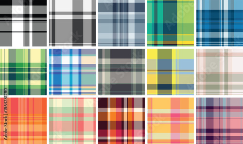 Seasonal New Year plaid set for interior concepts. Harmonized tartan designs suit themed decor visuals. Seamless vectors maintain rhythm.