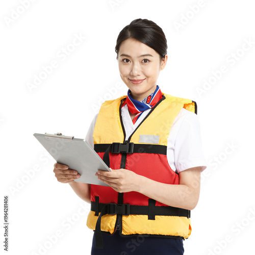 Flight Attendant Demonstrating Safety Instructions with Life Vest