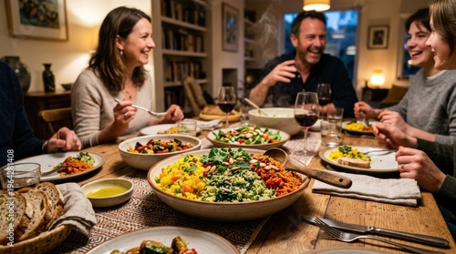 Happy friends enjoying dinner together in cozy home setting