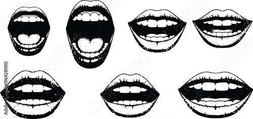 Set of expressive open mouth and lips vector icons isolated on white