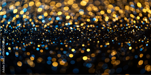 Rain drops on a blue window glass create a festive golden bokeh with bright glitter and shiny holiday lights for a blurred Christmas celebration background