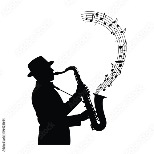 Jazz musician playing saxophone with flowing musical notes a striking silhouette