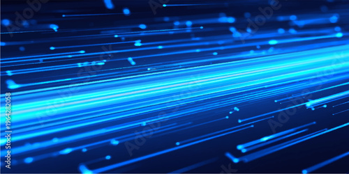 A futuristic blue digital texture featuring fiber optic lines and light spots creates a high-tech communication network pattern for electronic data and internet circuit design