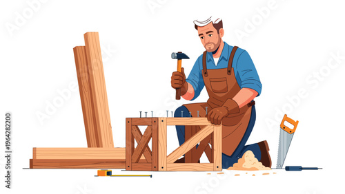 Crafting with Precision: A carpenter meticulously hammering nails into a wooden structure, embodying skill and dedication.