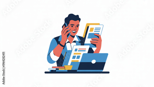 Busy businessman talking on the phone and reviewing documents modern flat illustration for business and finance concepts isolated on white background