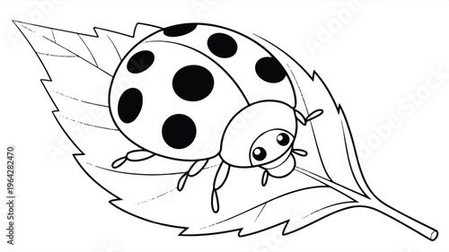 A black and white line drawing of a ladybug on a leaf