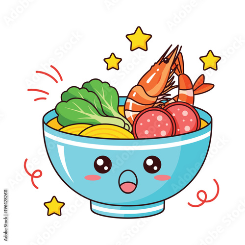 Kawaii Ramen Bowl with Shrimp, Sausage, and Bok Choy, Cartoon Food Illustration