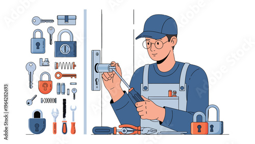 Master Locksmith at Work: A skilled locksmith meticulously repairs a door lock, surrounded by an assortment of keys, locks and tools.
