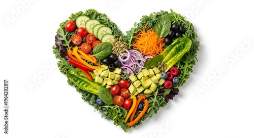 Fruits, vegetables and proteins arranged in heart shape illustrating healthy diet choices.