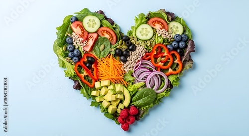 Fresh produce and protein foods arranged in heart shape illustrating healthy eating.