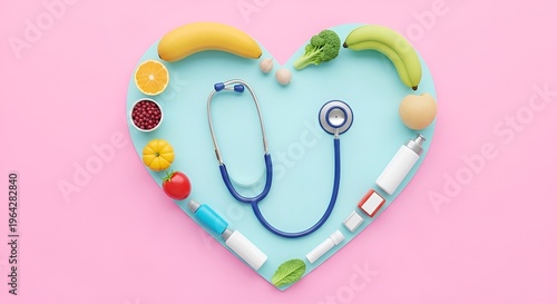 Nutritious food selection arranged in heart shape symbolizing healthy lifestyle.
