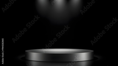 A minimalist stage spotlighting an empty circular podium on a reflective black surface, suitable for product presentations or award ceremonies