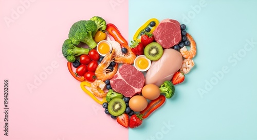 Heart shaped arrangement of nutritious foods supporting heart health awareness.