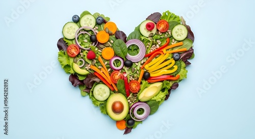 Assorted fresh foods arranged in heart shape representing healthy nutrition.