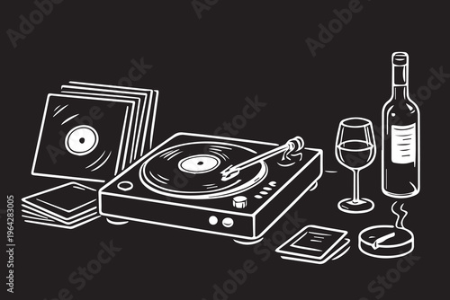 A clean vector design showing vinyl records, a turntable, wine, a glass, and a cigarette, capturing a chill, peaceful atmosphere with a calm and easygoing vibe.
