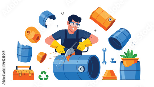 Recycling: A skilled worker meticulously cuts open a metal barrel amidst scattered components. The scene is a vivid illustration of the recycling process.