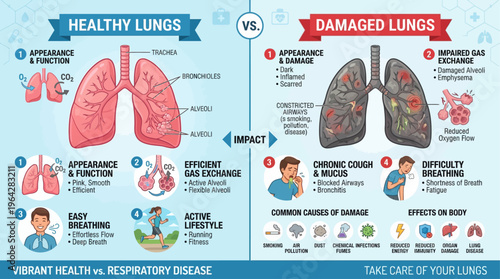 Healthy lungs vs damaged lungs for smoking awareness and prevention