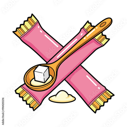 Sugar cube on spoon with pink sugar packets and sweetener packet illustration
