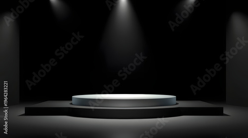 A minimalist presentation stage with spotlights and a circular podium on a dark background, perfect for product launches or award ceremonies
