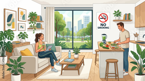 Couple promotes healthy lifestyle with no smoking sign in modern living room with fresh air.