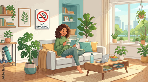 Woman promoting a healthy lifestyle by quitting smoking in a fresh air environment at home