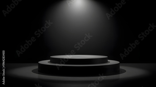 A stark, dark stage with a spotlight shining down on a circular, two-tiered platform, ready for a performance or presentation