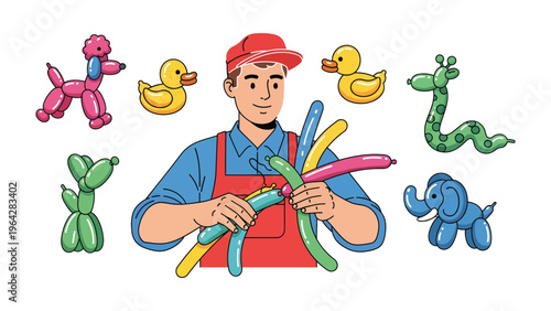 Balloon Artist with Creation: A skilled balloon artist meticulously crafts whimsical animal figures, showcasing vibrant colors and creative talent. The scene embodies celebration and childhood wonder.