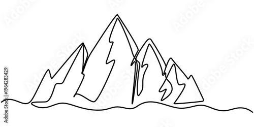Continuous one line drawing of mountain, range landscape template. Adventure winter sports sky and hiking concept. Vector illustration. 