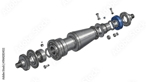 Detailed vector CAD design style illustration of disassembled mechanical axle