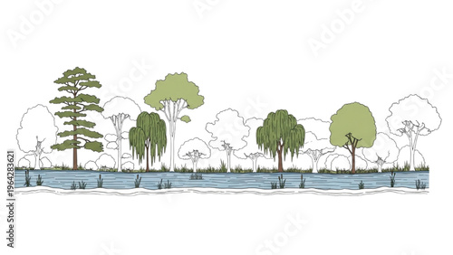 Vector CAD design style illustration of trees and plants near water