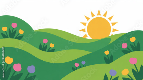 Sunny spring landscape with rolling green hills and colorful tulips a cheerful vector illustration for nature and seasonal themes